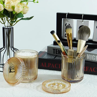 2 Pack Glass Container Qtip Holder with Lid,Mouthwash Cup,Cosmetic Storage for Bathroom,Glass Jars for Cotton Swabs,Makeup Pads,Dental Flossers,Jewelry Trays,Glass holders,Amber