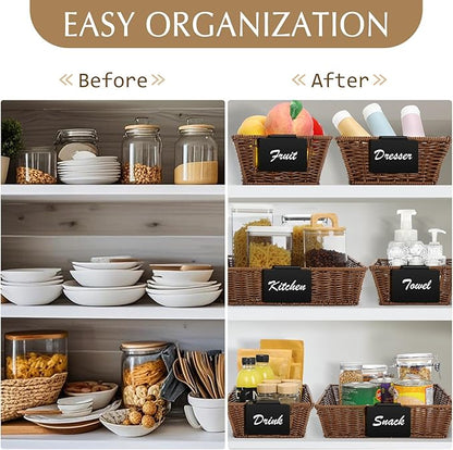 Marsui 9 Pcs Wicker Storage Baskets for Pantry Organization with Handle Labels Handwoven Multi-size Dark Brown Small Organizer Baskets Storage Bin Container for Shelves Closet Toilet Christmas Holiday