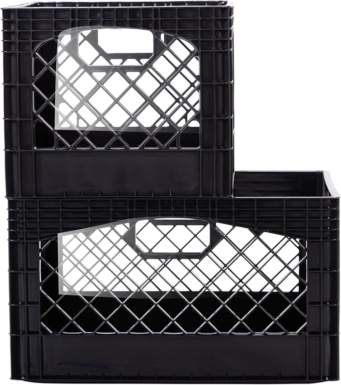 Rectangular Plastic Milk Crate Storage Tote with Handles, 24-Quart Stackable Organizer for Garage, Home, and Office, Made in the USA, 19" x 13" x 11" (3-Pack) - Black