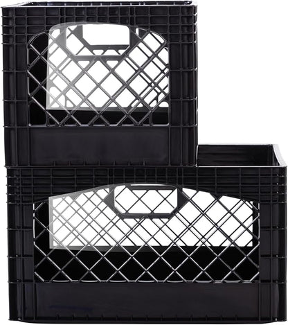 Rectangular Plastic Milk Crate Storage Tote with Handles, 24-Quart Stackable Organizer for Garage, Home, and Office, Made in the USA, 19" x 13" x 11" (3-Pack) - Black