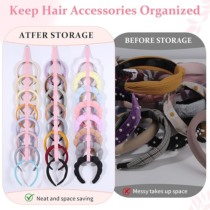 3 PCS Headband Holder Organizer for Girl,Hanging Hairband Storage for Women,Pink Hair Hoop Display Hair Accessories Organizer Bedroom College Dorm Decor