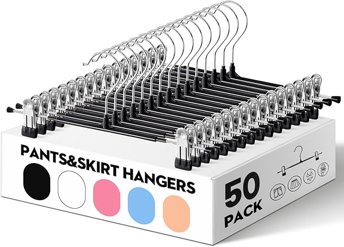 HUADYMEET 50 Pack 14Inch Pants Hangers with Clips,Metal Trouser Hanger for Jeans.Space Saving Skirt Hangers Heavy Duty Non-Slip Adjustable Clothes Shorts Hanger for Women,Men,Black