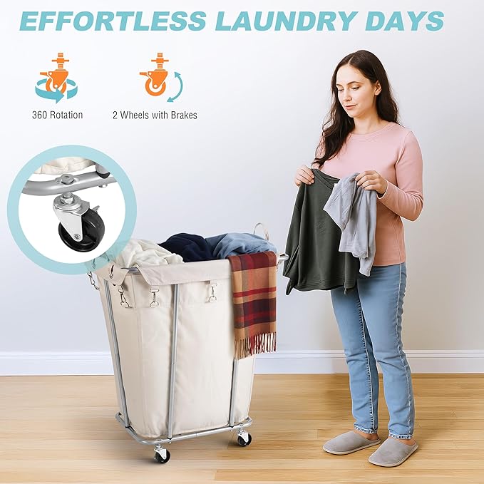 PLKOW Laundry Basket with Wheels 120L Heavy-Duty Laundry Cart with Removable Waterproof Bag, Metal Frame Clothes Basket with Lockable Casters for Home, Laundry Room, Hotel, Beige