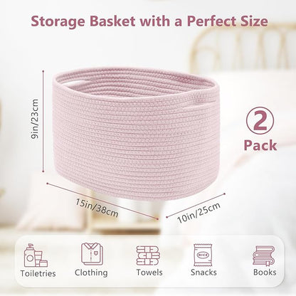 ECDYQXVU Cotton Rope Storage Basket, 15x10x9 Inches, Woven Basket for Shelves, Clothes, Towels, Books, and Laundry, Light Pink (2 Pack)