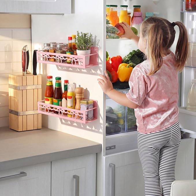 Beeveer 2 Pack Lace Bow Magnetic Spice Rack for Refrigerator Metal Magnet Basket Shelf for Fridge Seasoning Storage Organizers Home Decor Kitchen Accessories (Pink)
