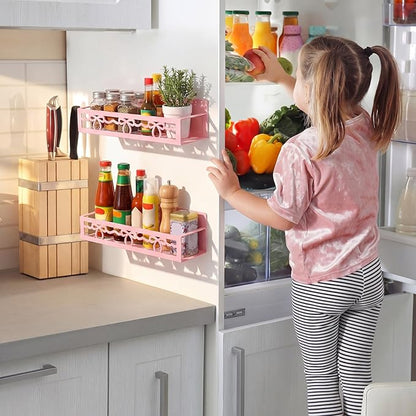 Beeveer 2 Pack Lace Bow Magnetic Spice Rack for Refrigerator Metal Magnet Basket Shelf for Fridge Seasoning Storage Organizers Home Decor Kitchen Accessories (Pink)