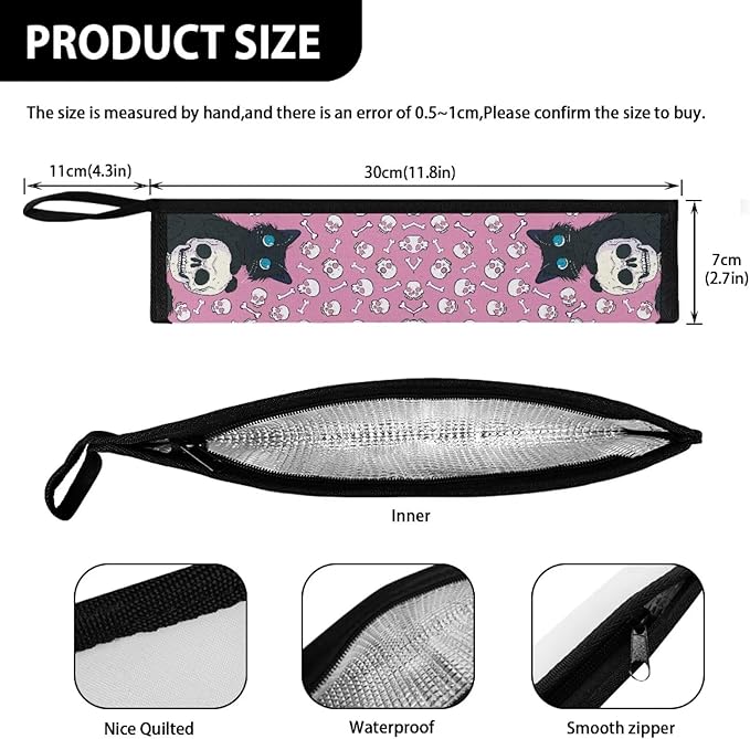 COEQINE Gothic Portable Utensils Case Pink Skull Themes Couple Skull Black Cats Utensil Holder Leaf Proof Fit 11.8 x 2.7 for Travel Picnic Outdoor Halloween Decor