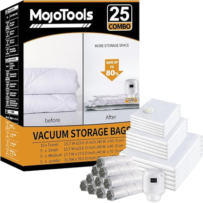 8 Extra Large Jumbo+ 25 Pack (5 Jumbo, 5 Large, 5 Medium,10 Roll Up Bags) Space Saver Bag