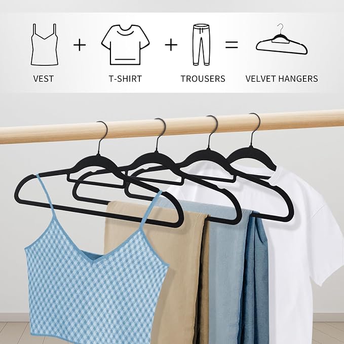 Black Velvet Hangers 30 Pack - Non Slip Clothes Hangers, Ultra Slim Hangers, Space Saving Swivel Black Hook, Suit, Top, Tie, Shirt, Skirt & Pant Felt Hangers, Black Hangers
