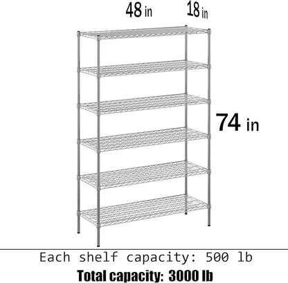 18" Deep x 48" Wide x 74" Height Wire Shelving Kit | 6-Tier | NSF Commercial Storage Rack Unit