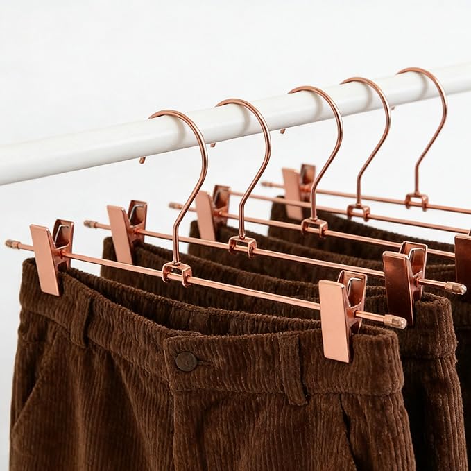 Rose Gold Metal Wire Clips Pants Bottom Clothes Hangers, 30 Pack Heavy Duty Trousers with Adjustable Clips,13.8" Space Saving for Legging Garment Jeans