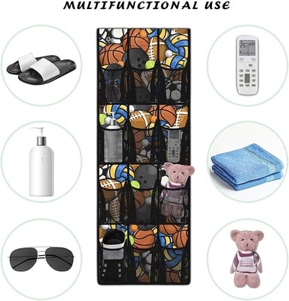 Ball Shoe Organizer Door Hanger Heavy Duty Oxford Over the Door Organizer with 12 Large Mesh Pockets Behind the Door Rack for Toys Snacks Shoes Hats Space Saving