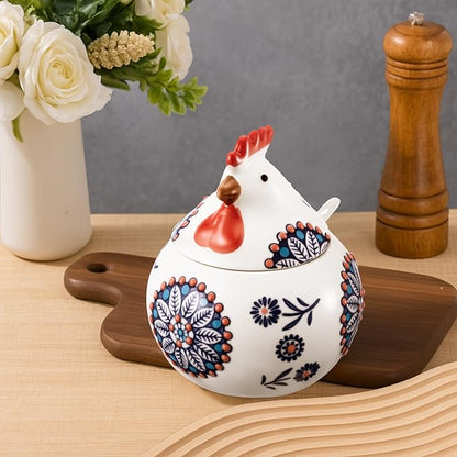 Ceramic Salt Cellar with Lid and Spoon, 13 oz Large Chicken Salt Jar, Chicken Sugar Containers for Countertop, Decorative Kitchen Holder for Coffee, Pepper, Seasonings, Spices, Candy(Blue)