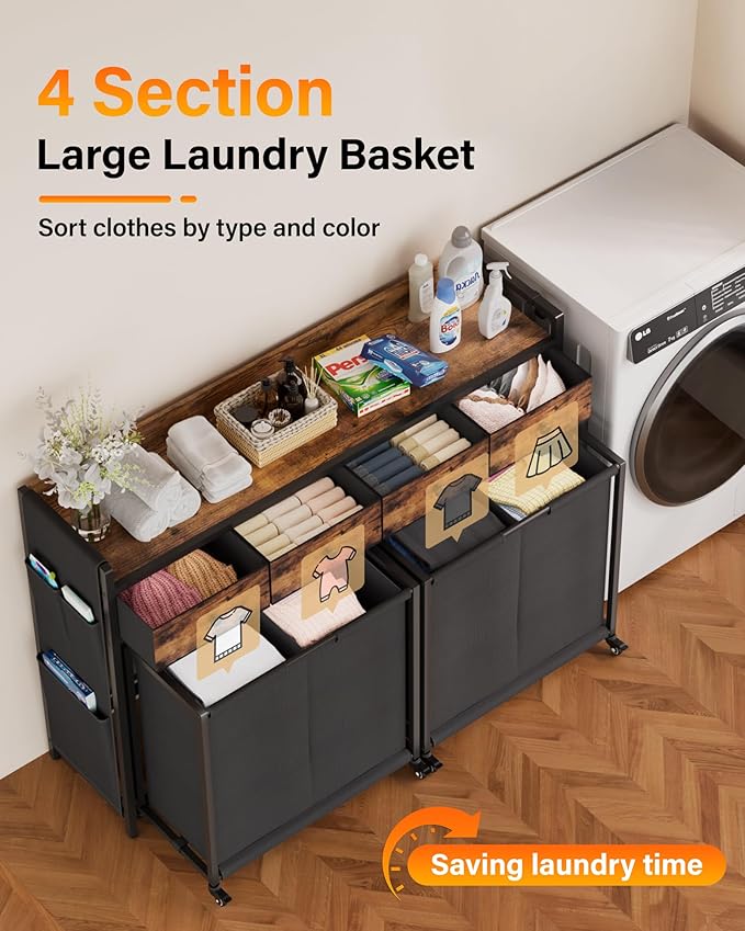 Laundry Sorter 4 Section: Laundry Hamper Basket with Shelf and Wheels - Rolling Laundry Basket Organizer with Fabric Drawers and Pull-Out Cart - Clothes Hamper for Laundry Room Bathroom Bedroom