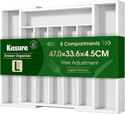 Kitsure Silverware Organizer - Expandable Bamboo Kitchen Drawer Organizer for Cooking Utensils and Cutlery, Sturdy & Thickened Kitchen Organizers and Storage Solution, Large, White