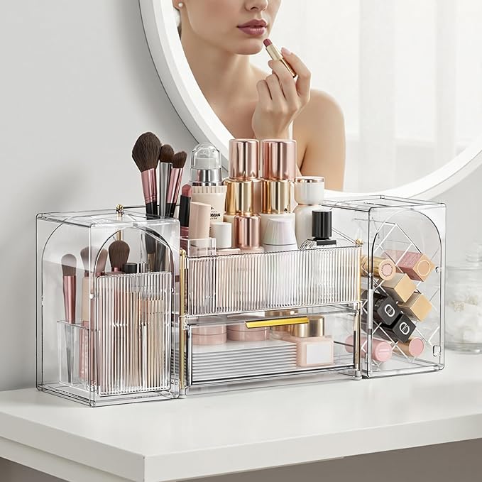 Seoneiro Makeup Organizer with Drawers, Cosmetic Storage for Dresser Countertop and Bathroom Vanity, Beauty Holder for Lipstick Brush Skincare Display case (Transparent)