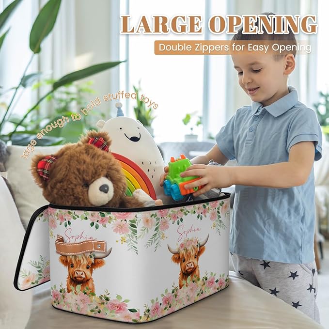 Custom Highland Cow Storage Bins with Lid, Foldable Personalized Storage Basket Boxes with Handle Pink Flower Shelf Basket Closet Organizer Cube