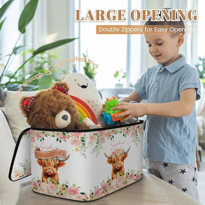 Custom Highland Cow Storage Bins with Lid, Foldable Personalized Storage Basket Boxes with Handle Pink Flower Shelf Basket Closet Organizer Cube