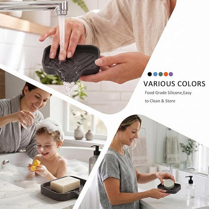 MicoYang Silicone Bathroom Soap Dishes with Drain Spout-Bathroom and Kitchen Sink Organizer,Sponge Holder,Dish Soap Tray,Perfect for Dispenser,Scrubber,Bottle,Cup on Sink or Counter-Coffee 4.9"×3.2"