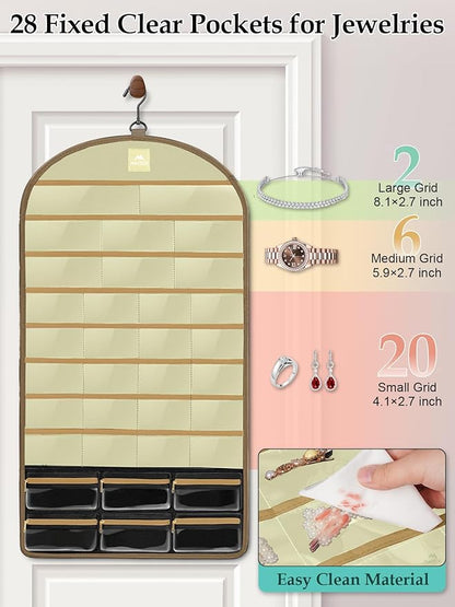 MATEIN Over the Door Jewelry Organizer with Travel Pouch, Double-Sided Hanging Necklace Earring Holder with Pockets, Large Jewelry Storage for Rings Bracelets, Beige-Brown
