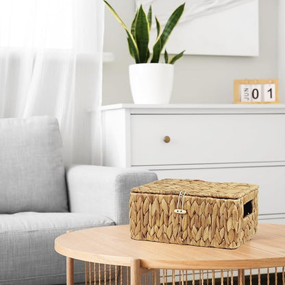 Set of 2 Wicker Baskets with Lid, Small Woven Wicker Storage Bins, Natural Water Hyacinth Basket Multipurpose Decorative Storage Boxes for Shelf Organizer (11.2" x 7.8" x 5.1" + 10" x 6.1" x 3.8")
