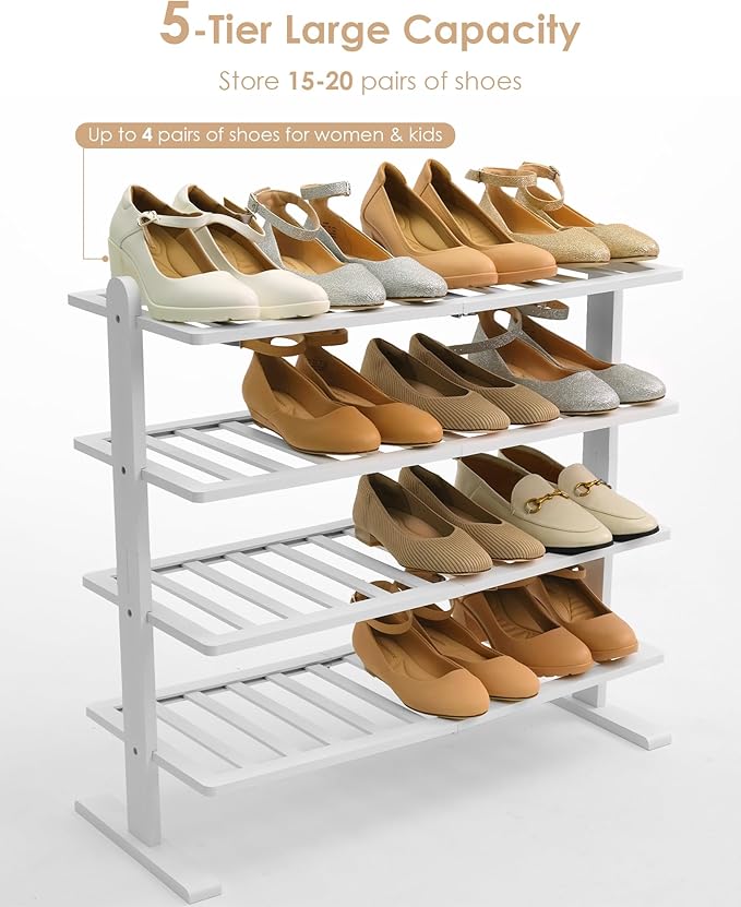 Varhomax White Shoe Rack, 4-Tier Bamboo Shoe Rack Organizer for Closet and Entryway, Thick Wooden Free Standing Shoe Shelf for Small Spaces, Sturdy & Versatile for Bedroom and Garage
