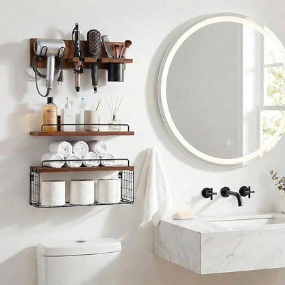 3-Tier Bathroom Floating Shelves with Curling Iron Holder & Hair Tool Organizer, Wall Mounted Rustic Wood Storage Rack Over Toilet with Hair Dryer Holder for Bathroom Decor & Organization