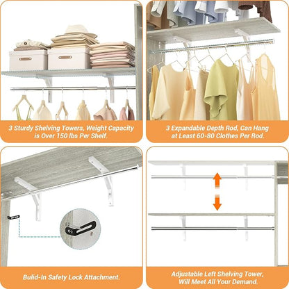 iSunirm 8FT Closet System with Shelves, 96'' Closet Organizer System with 3 Hanging Rods, Wall Mount Bedroom Wardrobe Walk-in Closet, Adjustable Cloth Garment Rack from 5 to 8FT(Cut to Fit), White Oak