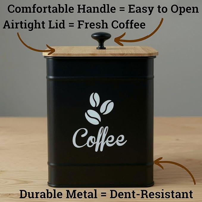 Airtight Coffee Canister - 40 oz Large Iron Black Coffee Container Airtight - 6 x 8 inch Metal Jar - Stylish Countertop Container for Coffee Grounds, Beans, Pods & More with Rubber-Lined Bamboo Lid