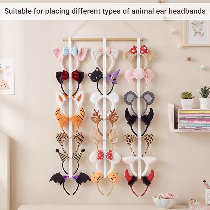 Dahey Mouse Ears Headband Holder Organizer Wooden Hanging Hairband Storage Display Hair Accessories for Girls Bedroom Living Room Wall Decor