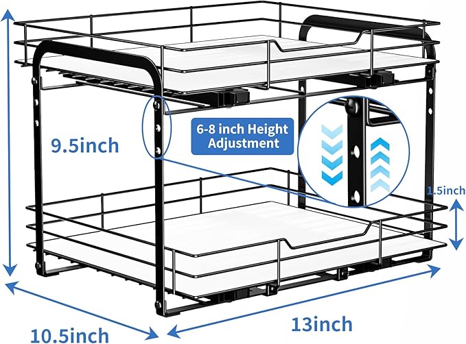 BOIVSHI 2-Tier Pull Out Spice Rack, Spice Rack Organizer, Pull Out Spice Racks for Inside Cabinets, Height Adjustable Heavy Duty Metal Basket for Inside Cabinet & Pantry (13.5''Wx10.5''Dx9.5''H)