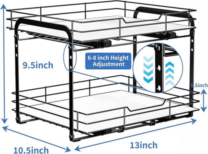 BOIVSHI 2-Tier Pull Out Spice Rack, Spice Rack Organizer, Pull Out Spice Racks for Inside Cabinets, Height Adjustable Heavy Duty Metal Basket for Inside Cabinet & Pantry (13.5''Wx10.5''Dx9.5''H)