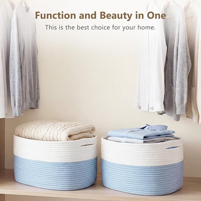 ECDYQXVU Cotton Rope Storage Basket, 15x10x9 Inches, Woven Basket for Shelves, Clothes, Towels, Books, and Laundry, White Blue (3 Pack)