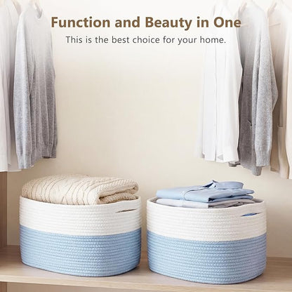 ECDYQXVU Cotton Rope Storage Basket, 15x10x9 Inches, Woven Basket for Shelves, Clothes, Towels, Books, and Laundry, White Blue (3 Pack)