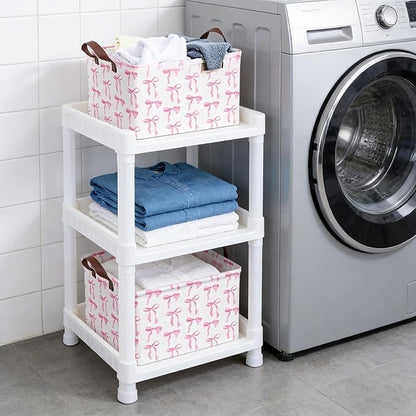 1PC 22L Pink Bow Storage Basket, Waterproof Canvas Organizer, Collapsible Decorative Bin with Handles for Bedroom Closet Toys Clothes Gift