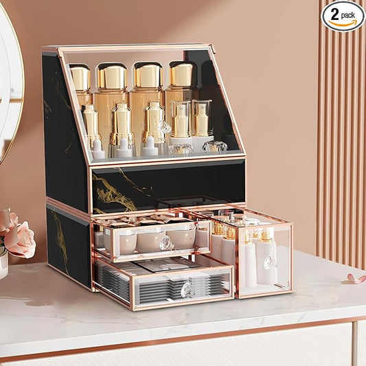 CoralHouse Makeup Organizer for Vanity, Black Makeup Organizer with Drawer, Skincare Holder for Bathroom Countertop,Cosmetic Display Case for Dresser