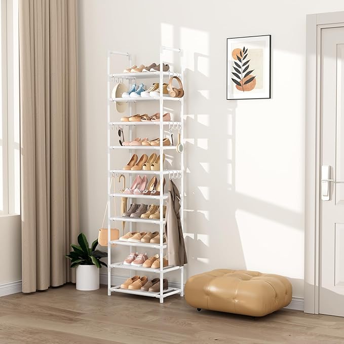 VTRIN 10 Tiers Tall Shoe Rack Holds 20-25 Pairs of Shoes Sturdy Vertical Shoe Organizer with 18pcs Hooks Stackable Narrow Shoe Rack for Closet, Entryway White