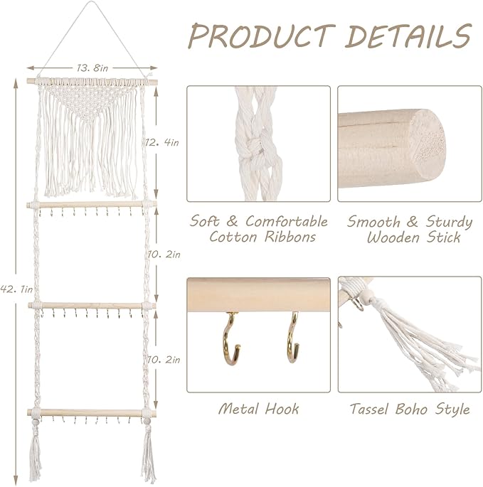 Teniinet Hanging Jewelry Organizer, Boho Macrame Necklace Hanger Wall Mounted with 30 Hooks,Door Hanging Jewelry Holder with Tassel for Necklaces Display Organizer(Necklace Holder)