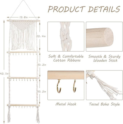 Teniinet Hanging Jewelry Organizer, Boho Macrame Necklace Hanger Wall Mounted with 30 Hooks,Door Hanging Jewelry Holder with Tassel for Necklaces Display Organizer(Necklace Holder)