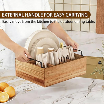 Paper Plate Holder Utensil Caddy Organizer, Wooden Utensil Holder Organizer for Party, Paper Plate Organizer or Cups, Forks, Spoons, Napkins and Silverware Holders