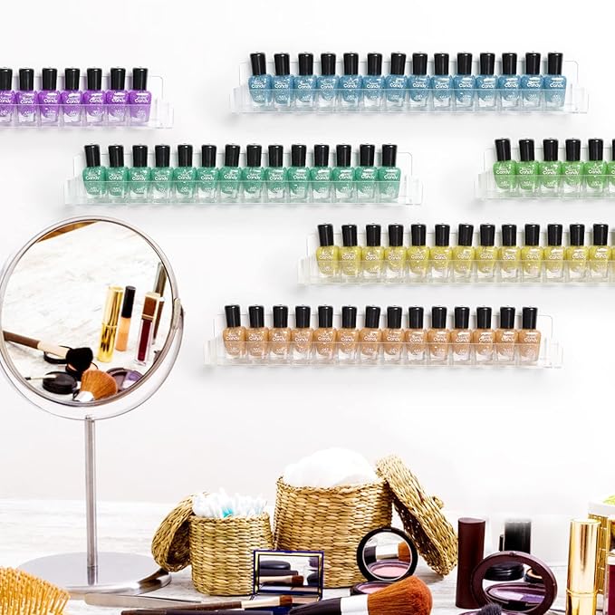 Nail Polish Organizer Wall Mounted, 6 Pack Clear Nail Polish Wall Rack, Acrylic Display Shelf Stand Holder for Paint Tattoo Ink Essential Oil Alcohol Holds Up to 90 Bottles,15 Inch