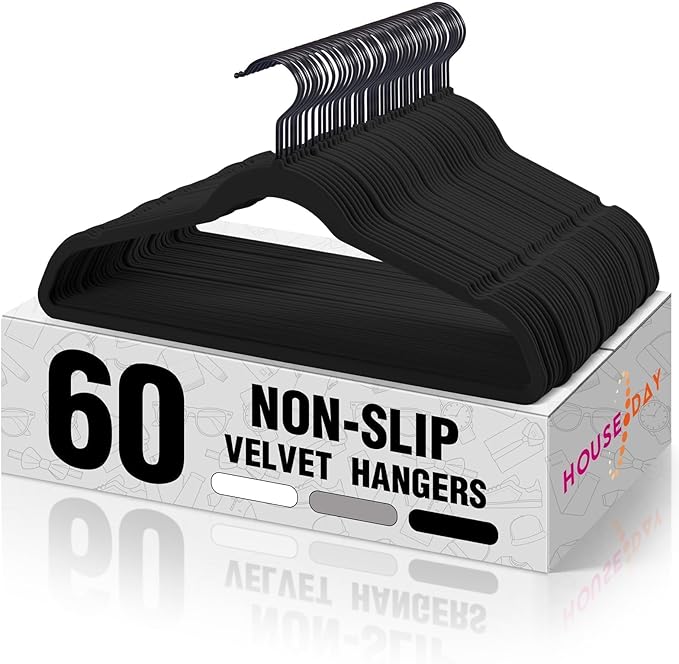 HOUSE DAY Black Velvet Hangers 60 Pack, Non Slip Felt Hanger, Slim Velvet Clothes Hangers for Suits, Shirt, Heavy Duty Coat Hanger for Closet