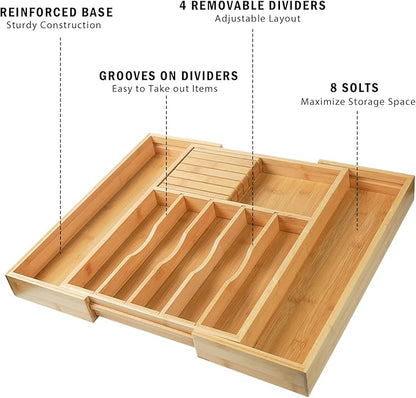 Wencrfat Silverware Drawer Organizer with Removable Knife Block and Dividers, Expandable Bamboo Kitchen Drawer Organizer, Flatware Utensil Cutlery Organizer for Drawer 8 Compartments