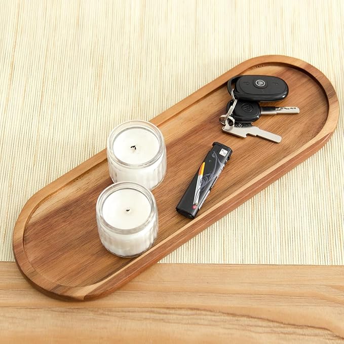 Set of 2 Plates Bathroom Vanity Wood Trays for Home Decor - for Counter Wood Small Decorative Tray, Kitchen Soap Tray,Comestic Holder Bathtub Organizer (14 x 4.5 inches)