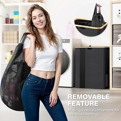 BlissTotes Laundry Basket with Lid, 150L Clothes Laundry Hamper with Handles and 2 Removable Laundry Bag, Breathable Design Hamper with Lid for Bedroom, Bathroom, Dorm, Laundry Room - Dark Grey