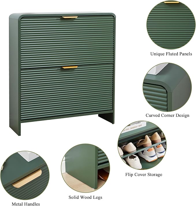 RARZOE Set of 2 Fluted Shoe Storage Cabinets for Entryway, Narrow Curved Shoe Cabinet with 2 Flip Drawers, Wood Hidden Shoe Organizer Closed Shoe Rack Cabinet for Foyer,Hallway (29.5''Green)