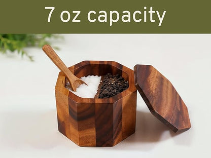 ARANYA Wooden Pepper and Salt Cellar with Lid and Spoon Set Keeper Two Compartments Spice Seasoning Wood 7oz. Container for Countertop Kitchen Storage Sea Salt Box Holder with Anti-Slip Feet Slip