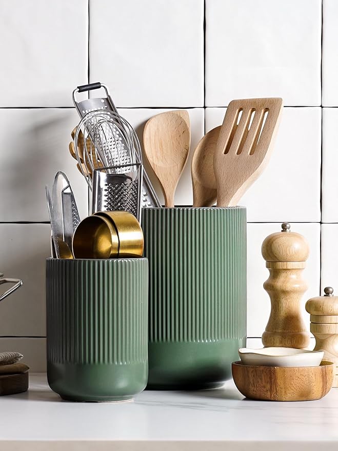 LE TAUCI Utensil Holder for Kitchen Counter, 7.3"+5.4" Fluted Ceramic Utensil Crock Organizer for Countertop, Heavy Large Holder for Spatulas, Spoons, Set of 2, Forest Green