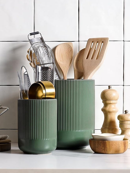 LE TAUCI Utensil Holder for Kitchen Counter, 7.3"+5.4" Fluted Ceramic Utensil Crock Organizer for Countertop, Heavy Large Holder for Spatulas, Spoons, Set of 2, Forest Green