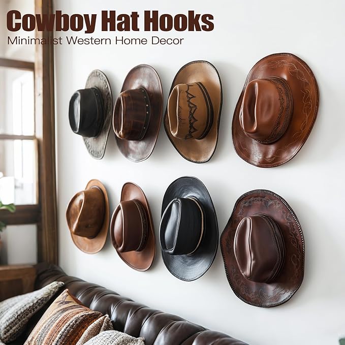 Aoodaily 2.8 Inch Hat Hooks for Wall - (8 Pack) Cowboy Hat Rack, Strong Adhesive Cap Holder, Organizer for Baseball Caps, Western Room Decor - Clear